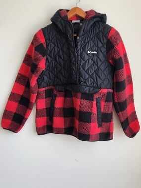 Columbia Black Quilted, Plaid Hooded Sweater With Kangaroo Pocket, Sz M Womens